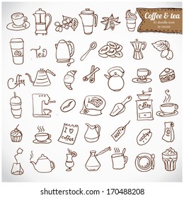 Doodle Coffee  and Tea  icon set: different cup, spoon, glass, kettle