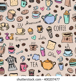 Doodle coffee and tea seamless pattern. Vector background with sketch coffee and tea drawings for cafe menu