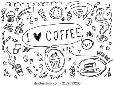 Doodle coffee time line arrows, heart, stars, tea, cupcake, text. Cafe sketch set cute isolated collection for restaurant.