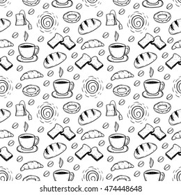 doodle coffee time seamless pattern with bread on white background