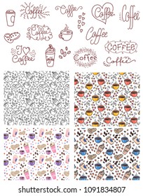 Doodle coffee vector collection with catchwords and vector 4 patters