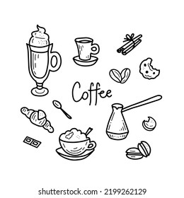 Doodle coffee vector elements set. Simple hand drawn coffee illustration with various types of cups cookie dessert lettering beans cinnamon sticks croissant cezve for shop product web. Flat  design. 