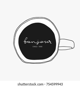 Doodle coffee vector illustration. Above cup view. Hand drawn cafe logo