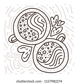 Doodle Coffee Vector Illustration. Hand drawn cute cartoon two coffee cups with hearts.