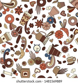 Doodle coffee. Vector illustration. Takeout beverage. Seamless pattern background