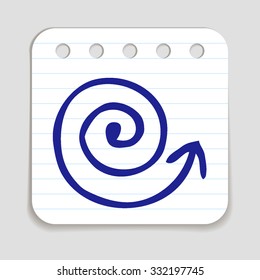 Doodle Coil Arrow icon. Blue pen hand drawn infographic symbol on a notepaper piece. Line art style graphic design element. Web button with shadow. Direction, growth, development,  progress concept. 