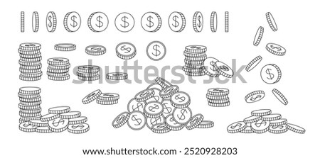 Doodle coins. Hand drawn coin rotation animation, stacks and piles of coins with dollar sign. Money savings, cashback and investment vector illustrations set.