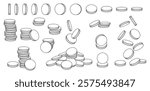 Doodle coins. Hand drawn flying and rotating line coin. Stacks and piles of coins. Money cash, investment and banking, business profit icons. Vector isolated linear set.