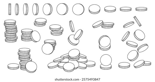 Doodle coins. Hand drawn flying and rotating line coin. Stacks and piles of coins. Money cash, investment and banking, business profit icons. Vector isolated linear set.