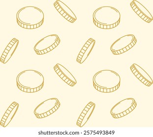 Doodle coins seamless pattern. Golden sketch coins, line cash money symbols. Investment and banking, cashback and casino gambling, deposit saving vector business texture.