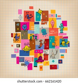 doodle collage cartoon characters design elements