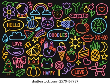 Doodle collection with animals, fruits, flowers, and cheerful elements like rainbows, stars, and hearts on a dark background in neon style. Perfect for kids projects, stationery, and fabric designs.