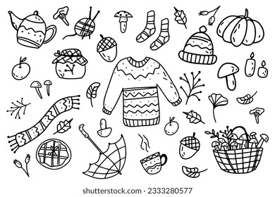 Doodle collection of autumn elements. Leaves, mushrooms, autumn clothes. Doodle set autumn collection of elements in black and white isolated on a white background.