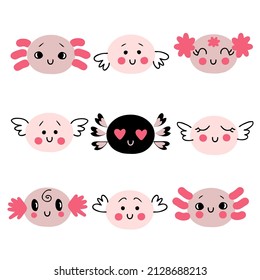 Doodle collection of axolotls faces with different emotions. Perfect for T-shirt, sticker, postcard and print. Hand drawn vector illustration for decor and design. 
