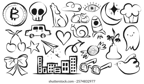 Doodle collection with Bitcoin, skull, dog, cat, rocket, moon, cherries, heart, cityscape, glasses, and ghost. Fun, quirky, and playful doodles. Cute element vector set.