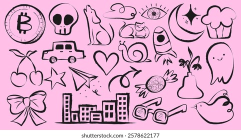 Doodle collection with Bitcoin, skull, dog, cat, rocket, moon, cherries, heart, and cityscape. Playful doodles, pink background, whimsical art. Cute element vector set.