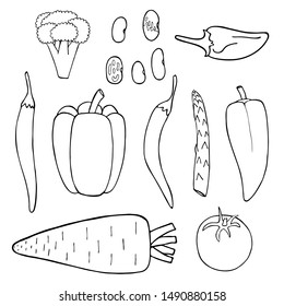 Doodle collection with black outline set of vegetable on white background. Pepper, tomato, broccoli, beans, asparagus, carrot. Organic raw vegan healthy food. Vector line art drawing.