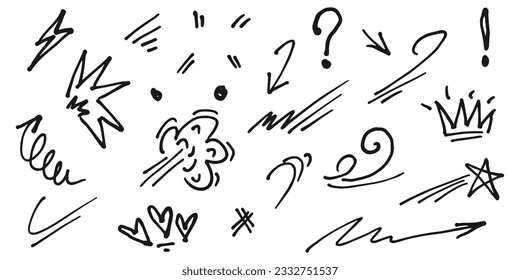 Efectos de expresión de caricatura de la colección Doodle. Elementos de énfasis gráfico dibujados a mano. Flechas, corazón, viento, coronas, estrellas y garabatos. ilustración vectorial