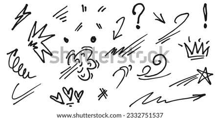 Doodle collection cartoon expression effects. Hand drawn infographic emphasis elements. Arrows, heart, wind, crowns, stars and scribble. vector illustration