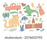 Doodle Collection with Cat, Rabbit, Dinosaur, Princess, Castle, Car, Butterfly, and Caterpillar. Hand-Drawn Vector Illustration.