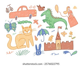 Doodle Collection with Cat, Rabbit, Dinosaur, Princess, Castle, Car, Butterfly, and Caterpillar. Hand-Drawn Vector Illustration.