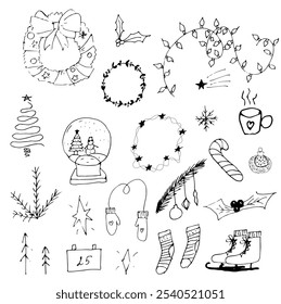 Doodle collection for Christmas and New Year. black and white doodle line illustration. Winter holidays, children's party, birthday, children's party