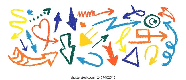 Doodle collection with colored charcoal arrows. Pencil childish drawing elements. Naive playful abstract textures in doodle grunge style. Squiggles and curved arrows. Vector crayon lines.