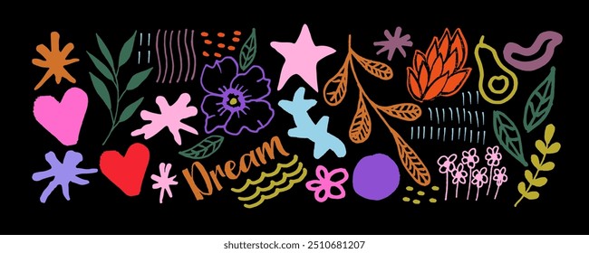 Doodle collection colorful  organic geometric shapes and   botanical plants.  Random placed, various  black vector flowers, leaves, herbs, berries, branches  and geometric shape   on black background