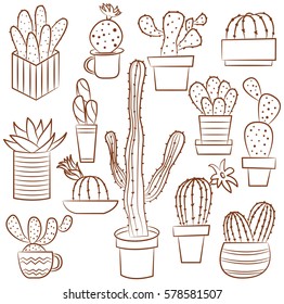 Doodle collection of cute potted cactuses. Vector set with tropical and desert plants. 
