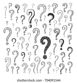 Doodle collection of different question marks. Isolated hand drawings on a white background
