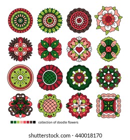 Doodle collection of ethnic flowers. Vector colored hand drawn flowers