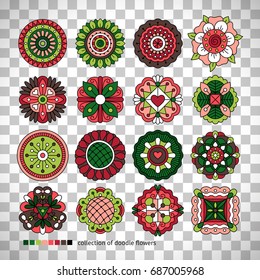 Doodle collection of ethnic flowers. Vector colored hand drawn flowers set isolated on transparent background