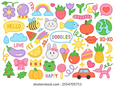 Doodle collection featuring animals, fruits, flowers, and cheerful elements like rainbows, stars, and hearts on a white background. Perfect for kids' projects, stationery, and creative designs.