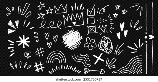 Doodle Collection of Hand Drawn Icons and Elements Featuring Hearts, Stars, and Arrows. Fun Sketchy Brush and Pencil Designs in Grunge Style.