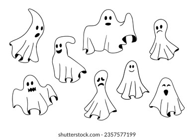 Doodle collection of hand drawn outline ghosts. Sketch design for Halloween. Black sketch cartoon elements on white background. Good for coloring pages, stickers, tatoo.