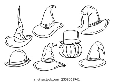 Doodle collection of hand drawn outline witch hats. Sketch design for Halloween. Black sketch simple elements on white background. Good for coloring pages, stickers, tatoo.