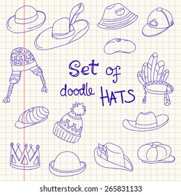 Doodle collection of hats in the notebook's sheet 