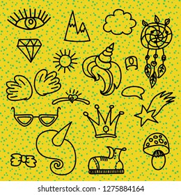 Doodle collection of icons drawn with black felt-tip pen. Vector cartoon comic sign.