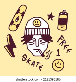 Doodle collection of man in beanie hat, skateboard, thunder, smile face, can, and star. illustration for t shirt, poster, logo, sticker, or apparel merchandise.