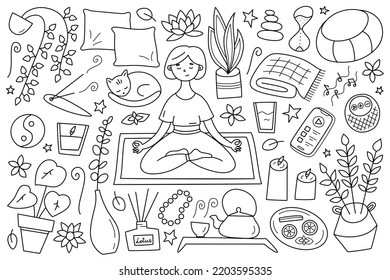 Doodle collection of meditation icons, girl meditating in lotus pose, vector illustrations of candles, aromasticks, hourglass icons, yoga  practice, isolated outline clipart on white background