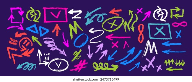 Doodle collection with multi colored charcoal arrows and colorful different geometric shapes .   Hand-drawn by brush. Straight, round, thick, thin, spiral signs and icons.Vector crayon lines.
