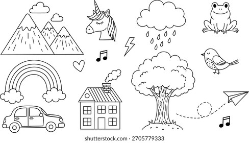Doodle-Kollektion von Natur- und Fantasy-Elementen in Schwarz-Weiß