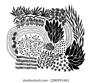 Doodle collection organic   botanical plants.  Random placed, various  black vector flowers, leaves, herbs, berries, branches    all over surface  illustration on white background.