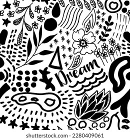 Doodle collection organic shapes,  botanical plants, geometric shapes seamless  pattern. Random placed, various  black vector flowers, leaves, herbs, berries and branches illustration 