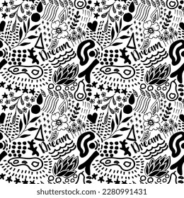 Doodle collection organic shapes,  botanical plants, geometric shapes seamless repeat pattern. Random placed, various  black vector flowers, leaves, herbs, berries and branches illustration 
