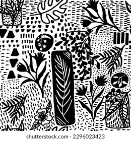 Doodle collection organic shapes, botanical plants, geometric shapes seamless repeat pattern. Random placed, various black vector flowers, leaves, herbs, berries and branches illustration