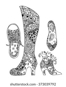 Doodle collection of ornamental shoes. Hand drawn vector illustration.