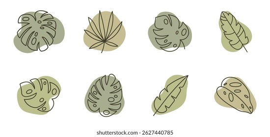 Coleção de rabiscos de folhas de palma em contorno preto e branco. Perfeito para designs tropicais, convites de verão, marcas e impressões digitais.
