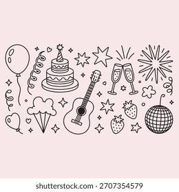 Coleção de doodle de festa e elementos de celebração ilustração desenho