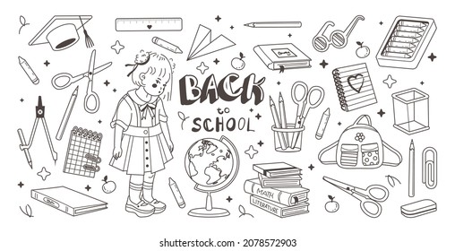 Doodle collection of school supplies. Hand drawn illustration. Back to school concept. Vector on white background